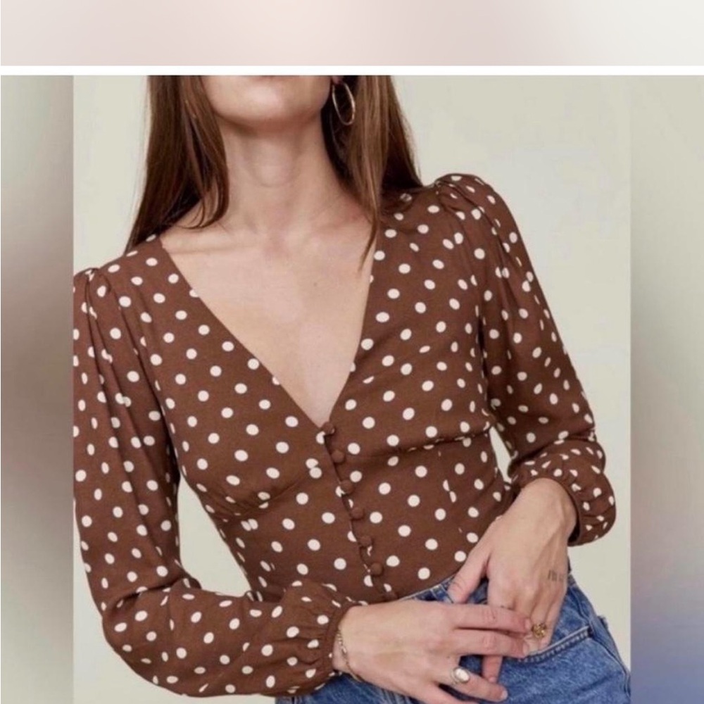 Reformation Brown and White Polka Dot Blouse